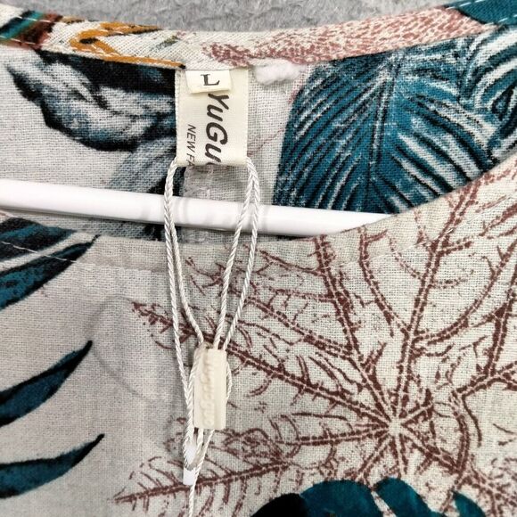 Yuguoguo Tshirt Mini Dress Womens Sz L Tan Teal Leaf Floral Print Short Sleeve - Picture 6 of 12